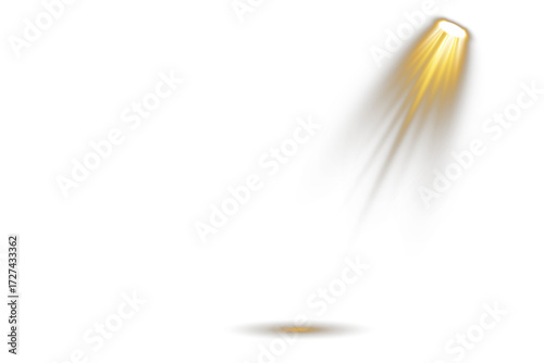 Collection of bright glowing stage spotlights isolated on transparent background. Vector light beams with realistic illumination for concert, disco, theater, club party, or abstract background design.