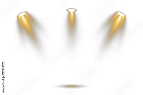Vector set of yellow glowing spotlights isolated on transparent background. Stage light beams with realistic illumination effect for concert, theater, party poster, disco show, interior design decor