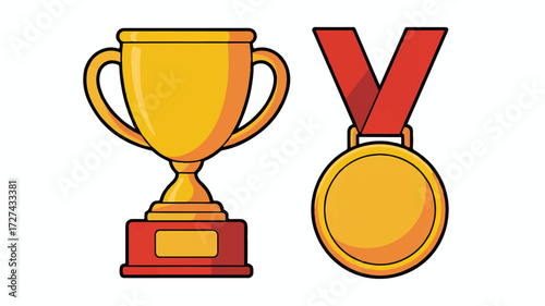 A simple cartoon illustration of a golden trophy cup and medal on a white background.  