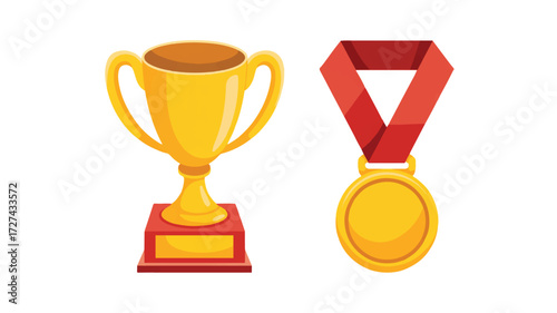 A simple cartoon illustration of a golden trophy cup and medal on a white background. 