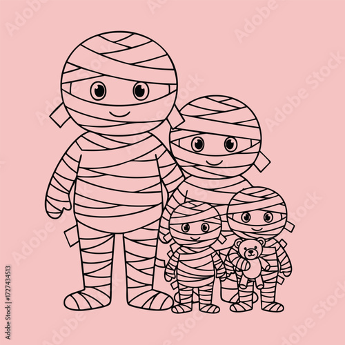 A cheerful group of cartoon mummies standing together, showcasing a playful and friendly atmosphere for kids.