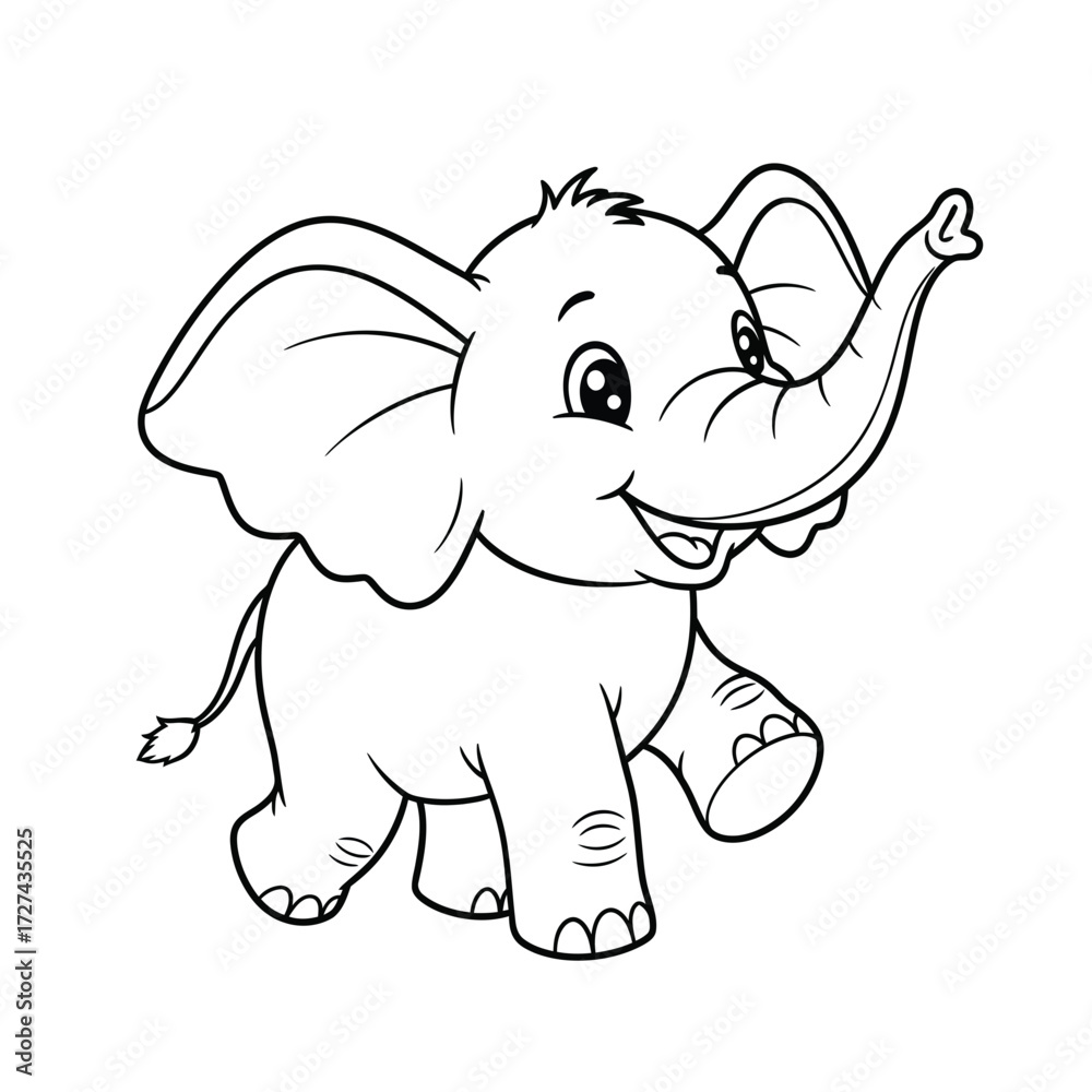 Fototapeta premium elephant, baby, cute, coloring, cartoon, animal, jungle, kids, fun, trunk, ears, happy, drawing, printable, outline, sketch, lineart, black, white, art, wild, zoo, friendly, smile, adorable, big, natu