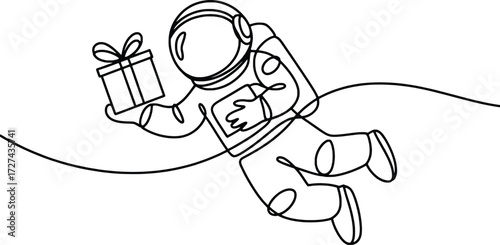 Astronaut floats through space holding a wrapped gift present for a special occasion