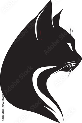 Minimalist black cat profile silhouette with white accents, elegant vector illustration for pet branding, decor, and tattoo design
