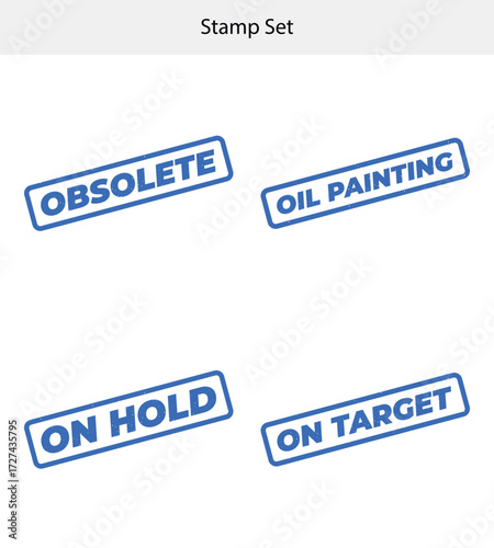 Blue Rubber Stamp Set with Text Obsolete, On Hold, Oil Painting, and On Target