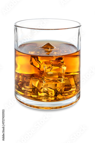 Glass of whiskey or bourbon with ice cubes, Whiskey on the rocks isolated