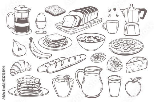 Breakfast icons set. Milk jug coffee pot cup juice sandwiches fried eggs pancakes toast with jam croissant cheese and cereal with milk for market product design. Hand drawn sketch