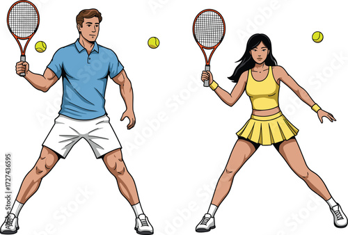 Tennis players, ready stance, competitive match, poised action, sports readiness, athletic focus, court movement, dynamic gameplay