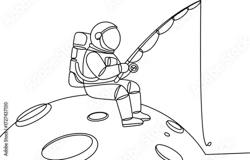 Astronaut fishing on the moon with a simple outline drawing style and