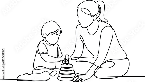 Mother and child playing with stacking rings simple line drawing happy family bonding time