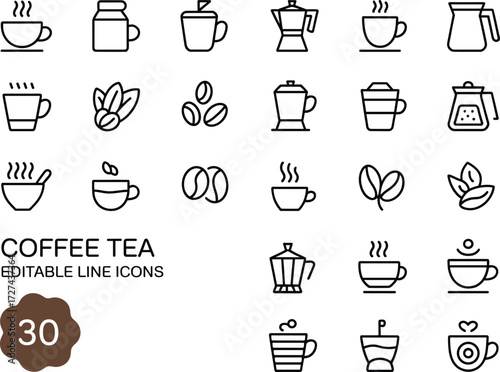 Coffee and Tea Icon Collection: A set of detailed line icons depicting various coffee and tea beverages, and related items. Perfect for menus, websites, and design projects.
