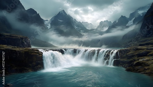 Misty Mountain Lake and Waterfall

