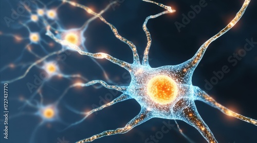 A vibrant micro view of a neuron with glowing blue and yellow cell body, radiating dendrites and a singular axon,