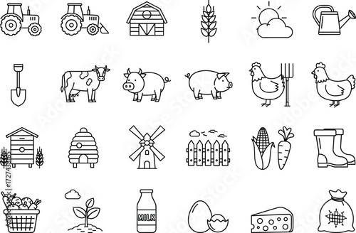 Farm icons, agriculture symbols, rural life elements, livestock, crops, tools, food production, black silhouette, vector set, farming illustration
