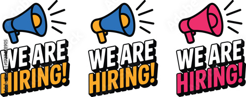 Three megaphones announcing we are hiring in bright colors for recruitment