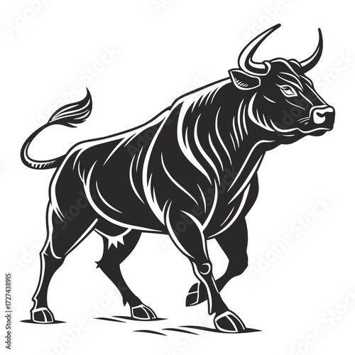A powerful black and white illustration of a muscular bull in profile, showcasing its imposing horns and strong build, ready to charge