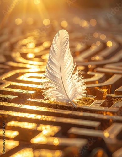Delicate white feather standing tall on a golden illuminated maze path.