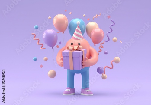 Charming 3D cartoon figure joyfully offers a special present, embraced by a vibrant array of floating balloons and festive confetti against a gentle lilac setting, perfect for celebratory designs