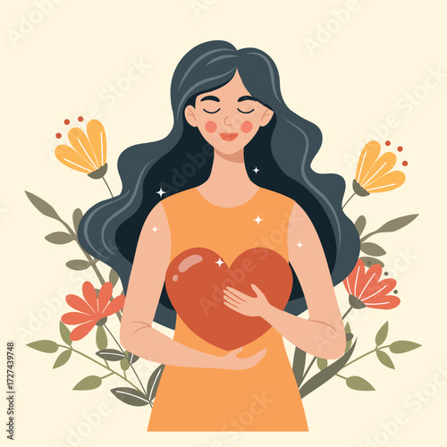 Beautiful woman holding a heart. Self love and compassion concept. Illustration.