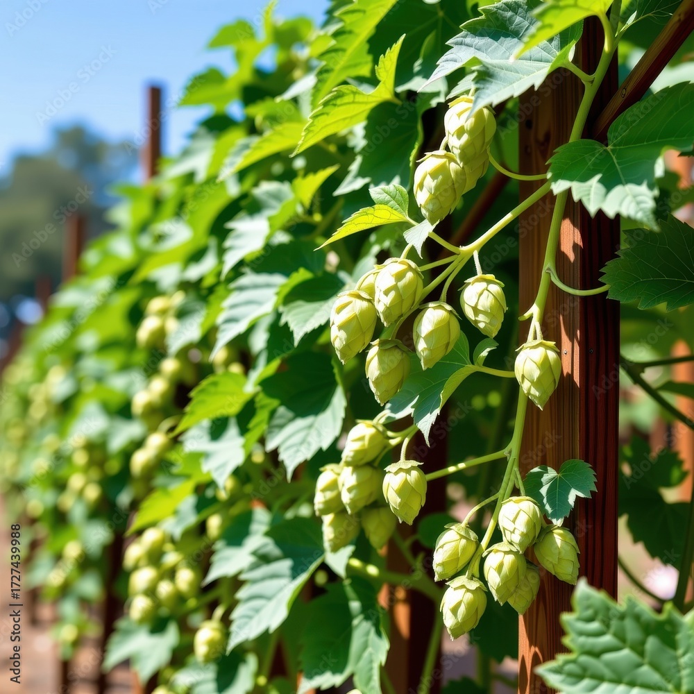Fototapeta premium Lush green hop bines climb a sunny trellis, showcasing vibrant new growth and immature hop cones, outdoor, trellis