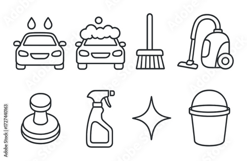 Car cleaning and maintenance icons featuring vacuum, broom, and cleaning supplies