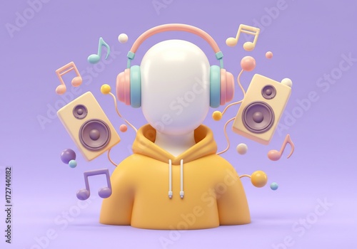 Music Vibe Abstract Character Listening with Headphones in a Vibrant Scene
