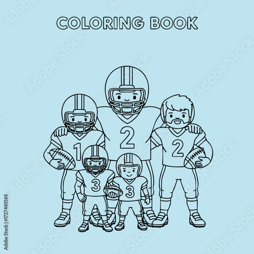 A group of four young athletes in football gear, ready for a fun and engaging coloring activity together.