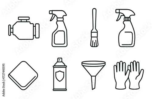 Car maintenance tools: spray bottles, brush, gloves, engine, funnel, cloth, cleaner