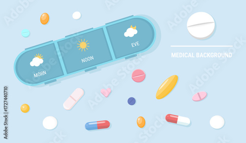 Horizontal background with a medicine box, with pills and capsules. Template of an empty box with various pills on the background for daily intake. Concept of a medicine organizer. Pharmacists Day.