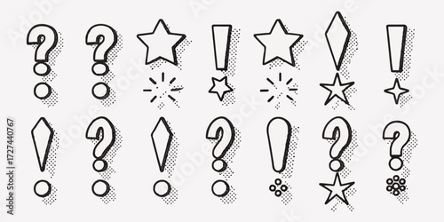 Dynamic collection of hand drawn question marks, exclamation points, and stars with playful dot shading for versatile design projects