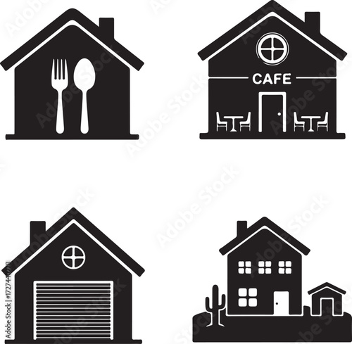 Collection of Diverse House and Building Icons for Food, Service, and Residential Properties