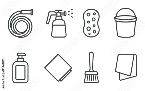 Set of car cleaning icons: hose, sprayer, sponge, bucket, soap, cloth, brush, towel