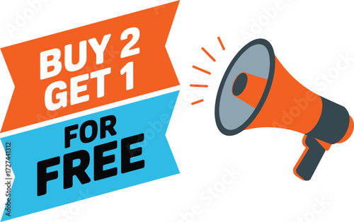 Promotional graphic with megaphone announces buy 2 get 1 free sale offer