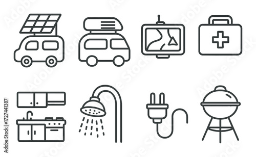 Nine minimalist camping and travel icons including van, gps, and shower
