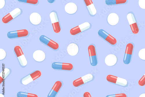 Colorful seamless pattern with pills, red and blue capsules. Medicine concept. Background with medicines for healthcare, pharmaceuticals, medicine and pharmacies design.