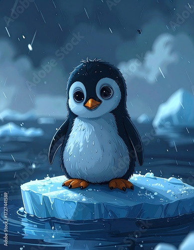 Adorable baby penguin sits alone on a melting ice floe during a snowy day.