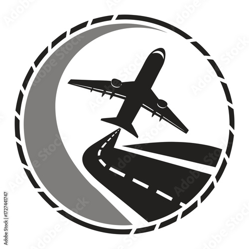 A sleek silhouette of an airplane ascends from a stylized runway, curving within a circular emblem, symbolizing air travel and global connectivity