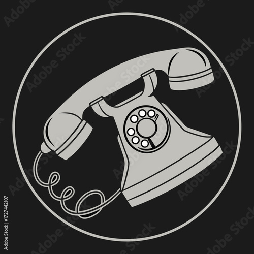 A vintage rotary telephone with a coiled cord and handset is depicted in a circular graphic against a dark background, symbolizing communication and nostalgia