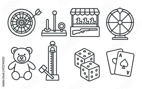 Monochrome carnival games with dartboard, teddy bear, and casino elements