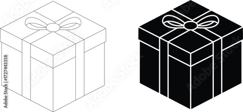 Two isometric gift boxes one outline one solid black present black and white