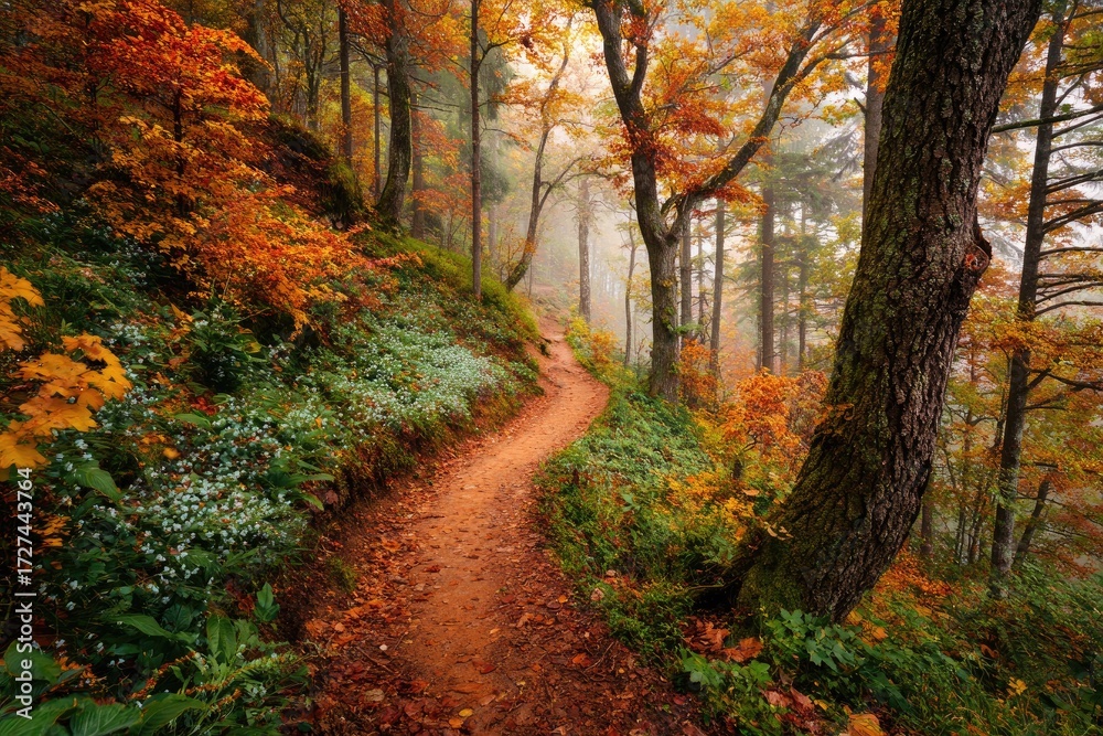 Naklejka premium Autumn forest path winding through colorful foliage