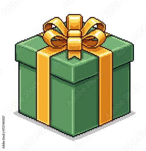 A green gift box with a golden ribbon and bow, ready to be given.