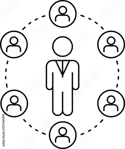 Central figure connected to surrounding people icons by dashed lines connection network