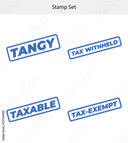Distressed Blue Stamp Set Featuring Tangy, Taxable, Tax Exempt, Tax Withheld Words