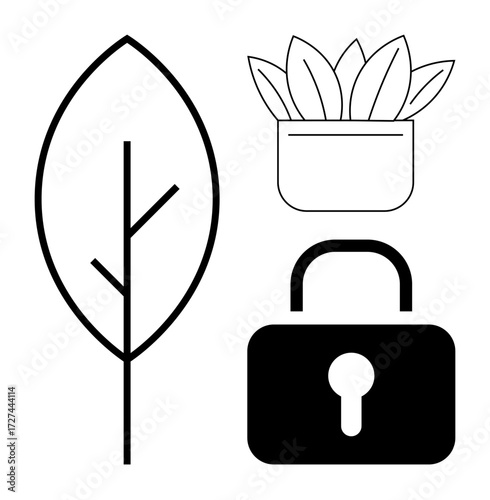 Black linear leaf, potted plant, and padlock evoke harmony, environment, growth, and protection. Ideal for ecology, sustainability safety privacy growth mindfulness digital security. Simple flat