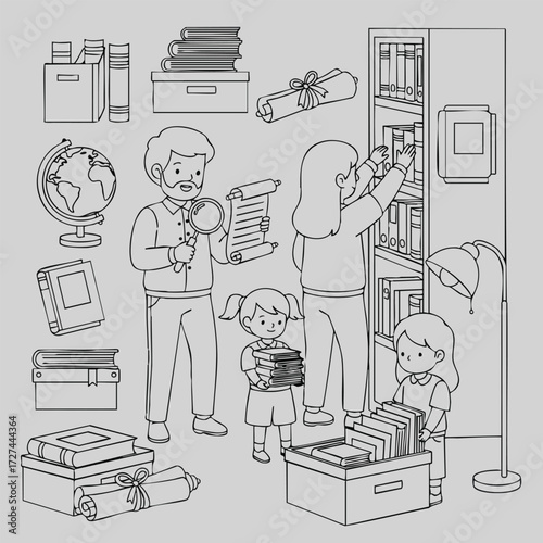 A family engaging in a fun and educational activity while organizing books and exploring knowledge together.