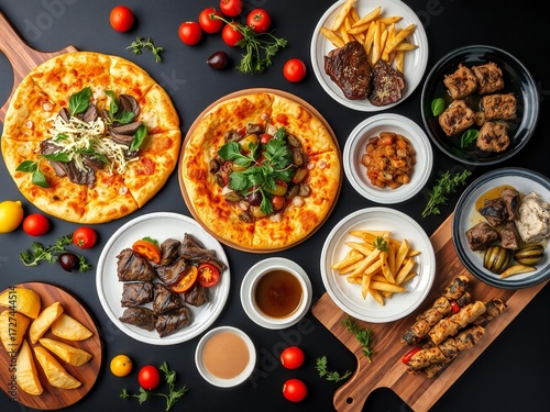 Delicious middle eastern food spread with pizzas kebabs and fries