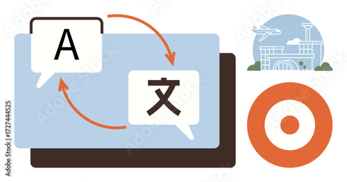Speech bubbles with language exchange arrows, airplane over airport, target symbol. Ideal for translation, globalization, communication, travel, linguistics technology cultural connection. Simple