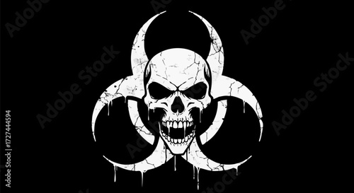 Biohazard symbol with cracked skull in white on black background creating dark art