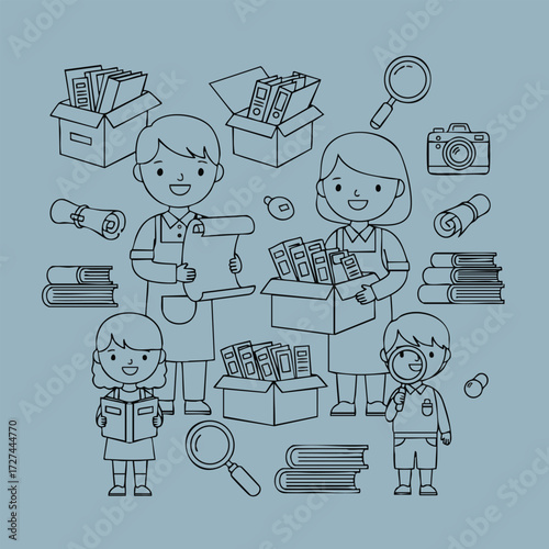 A group of children and adults engaging in organizing and exploring various educational materials and tools.